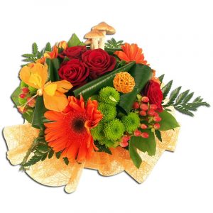 Bouquet rond roses rouges et tons orangés  Généreux Bouquets