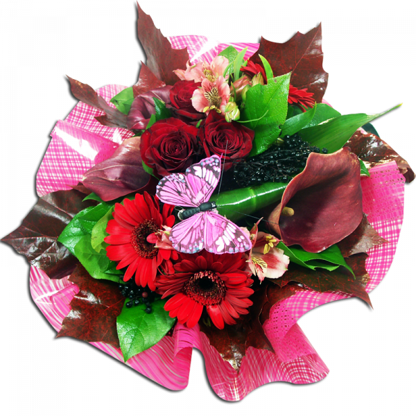 Bouquet tons rouges arums et roses rouges  Généreux Bouquets